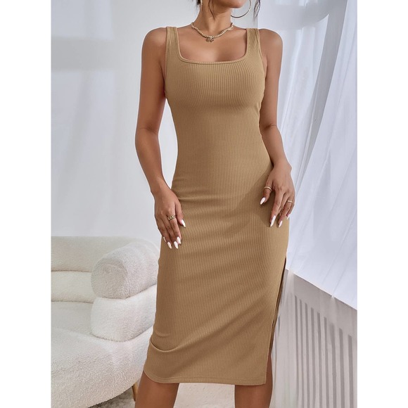 Square neck Ribbed Knit Split Thigh Tank midi Dress black - Picture 10 of 12